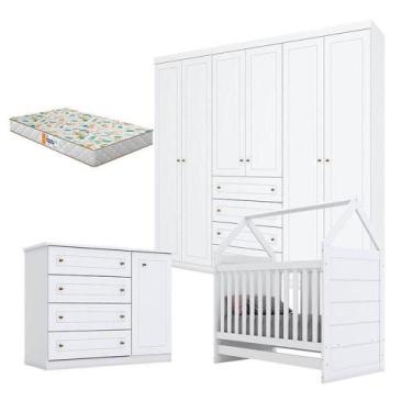 Imagem de Quarto De Bebê 6 Portas Com Berço Montessoriano Branco E Colchão Gazin