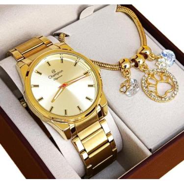 Imagem de Kit Relógio Champion Feminino Dourado Original à Prova D'Água com NF G