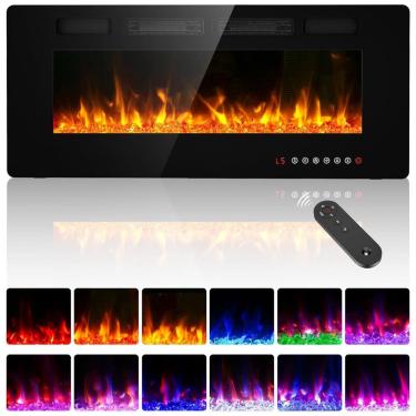 Imagem de Lareira Elétrica BREEZEHEAT 107 cm Recessada, Montada na Parede, Aquecedor Ultra Fino, 2 Saídas de Calor, Controle Remoto, Tela Touch, Chama Ajustável