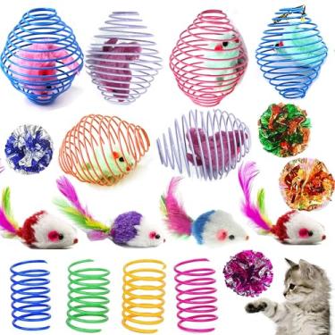 Imagem de Fejapa Pacote com 16 bolas de mola de metal sortidas para gatos grandes esticáveis brinquedo espiral gato bolas enrugadas interativas para gatinhos bobinas mola dentro de ratos enjaulados suprimentos