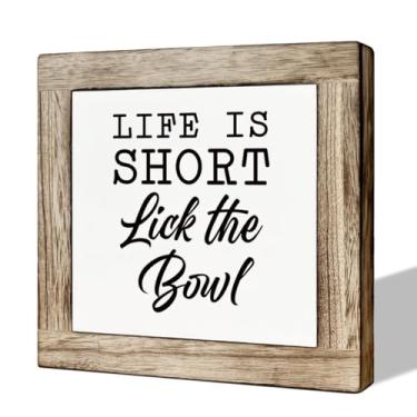 Imagem de MLTEye Decoração de Cozinha, Decoração de Sala de Jantar, Placa Engraçada de Cozinha, Placa Life Is Short Lick The Bowl, Placas de Caixa de Madeira para Decoração de Casa, Decoraçã (5,9×5,9×0,7 Polega