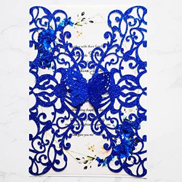 Imagem de FLZOPYNE 50 peças 12,7 x 18,5 cm Royal Blue Glitter Corte a Laser Borboleta Convites de Casamento Convite de Bolso Floral Oco para Casamento Quincenera Noivado Doce Convite de Aniversário de 16 Anos