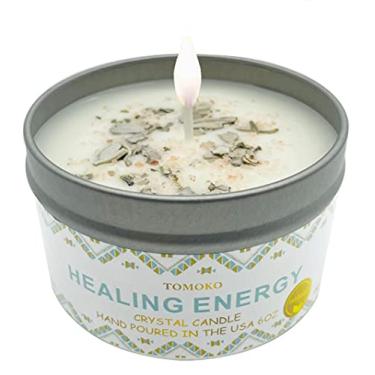 Imagem de Vela de sálvia branca, folha de sálvia, sal de cristal do Himalaia e óleo essencial, energia de cura, vela de cristal