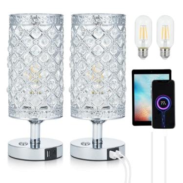 Imagem de Abajur de Mesa de Cristal, 2 Unidades de Abajur de Mesa de Toque de Cristal 3000K Lâmpada LED Branca Quente Com Porta de Carregamento USB C + A Bateria 4000MAH Luz de Mesa de