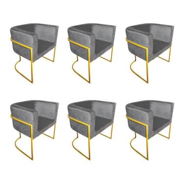 Imagem de Kit 6 Cadeiras De Jantar Premium Base De Ferro Dourada Veludo Cinza