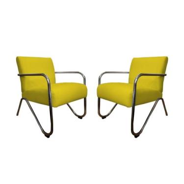 Imagem de Kit 2 Poltronas Decorativa Bela Couro Amarelo Braço Cromado Mz Decor -