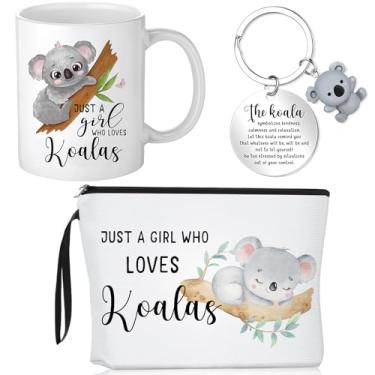 Imagem de Crtiin 3 peças de presentes de formatura de coala para meninas mulheres Just a Girl Who Loves Caneca de café temática 325 ml Bolsa de maquiagem cosmética chaveiro inspirador presentes de agradecimento