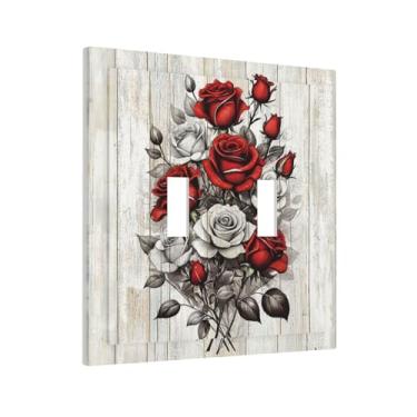 Imagem de Yamxbfa Placa decorativa de cobertura para interruptor de luz rústica rosa vermelha prancha de madeira cinza vintage placa de parede de 2 gangues placa de parede grande com dois interruptores placa de