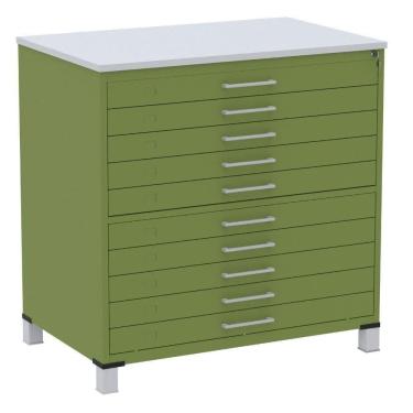 Imagem de Mapoteca 10 Gavetas Pandin 120 Cm (larg) Inmetro Tampo Mdp Cinza Estrutura E Gavetas Em Aço Verde