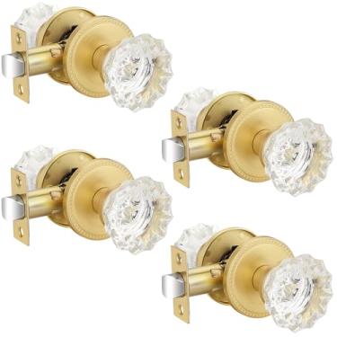 Imagem de EHOMEWARE Pacote com 4 maçanetas interiores de latão, maçanetas de porta de armário sem chave, maçanetas de porta de vidro sem trava, função de passagem interna de maçanetas de porta de corredor, para