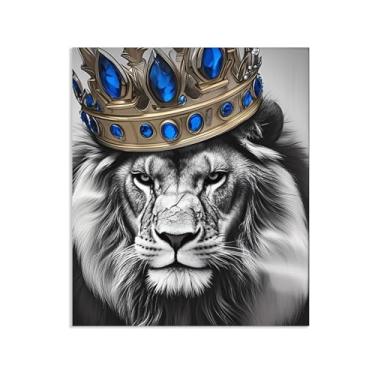 Imagem de SDYJ6GSW Arte de parede em tela de leão preto e branco leão coroa de ouro rei imagem de animal arte para quarto decoração de casa pronto para pendurar 80 x 60 cm (32 x 24 pol) sem moldura