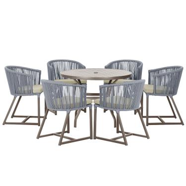 Imagem de Mesa com 6 Cadeiras de Jantar Roma 120cm e Noronha em Alumínio Marrom Corda Náutica Estofado 7 Trama Original