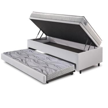 Imagem de Bicama Box Baú Solteiro Courino Linho Branco 88x188 Com Colchão Hanover Molas Ensacadas Inducol