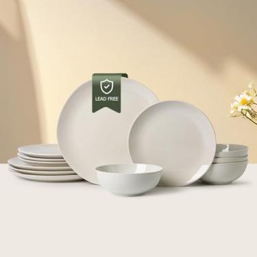 Imagem de Conjunto de jantar de cerâmica com 12 peças de creme branco esmaltado, pratos, tigelas de macarrão, tigelas de cereais, conjuntos de pratos esmaltados de mudança reativa, prato de grés moderno