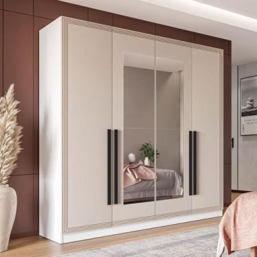 Imagem de Guarda-Roupa Casal Valência 4 Portas 4 Gavetas com Espelho Branco/Crem