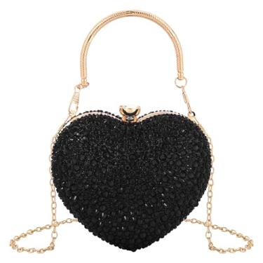 Imagem de Reberomantique Bolsa feminina em formato de coração com strass brilhante para festa de casamento, coquetel, formatura, bolsa de ombro a tiracolo, Preto