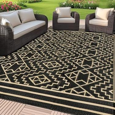 Imagem de SAND MINE Tapetes reversíveis de canudo de plástico, tapete moderno e grande para área, ambientes externos, trailer, pátio, quintal, deck, piquenique, praia, acampamento (2,7 x 5,5 m, preto e bege)