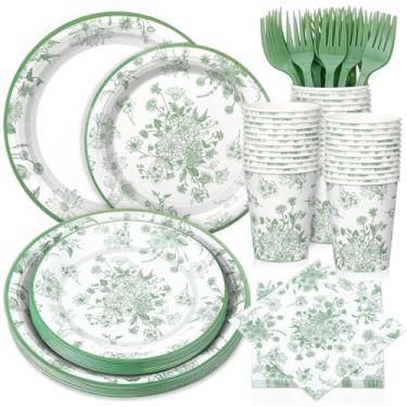 Imagem de Yungyan Conjunto de 120 peças de utensílios de mesa florais verdes sálvia pratos descartáveis copos garfo guardanapos chinoiserie suprimentos de festa floral para casamento, aniversário, chá de bebê