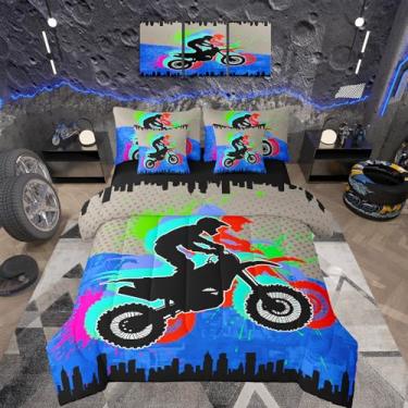 Imagem de Feelyou Conjunto de edredom infantil com lençol de 7 peças, para decoração de quarto de meninos, adolescentes, motocross, motociclista