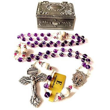 Imagem de elegantmedical Contas de prata feitas à mão e contas de pérola real de 10 mm rosário cruz/crucifixo caixa de presente (ametista prata)
