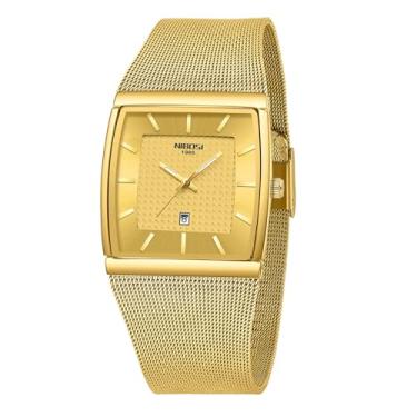 Imagem de NIBOSI Relógio masculino quadrado, analógico, quartzo, aço inoxidável, pulseira de malha, impermeável, para negócios, esportes militares, com data, A04 - ouro