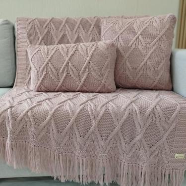 Imagem de Kit Manta Tricot Protetora Sofá Sala Xale Decorativa 150x90cm +2 Capas Almofada Fechamento Ziper L5 (Rosa Ballet)
