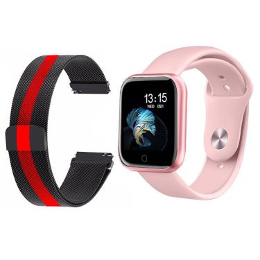 Imagem de Kit 1 Smartwatch T80 Rosa + Pulseira Aço Preto Listrada