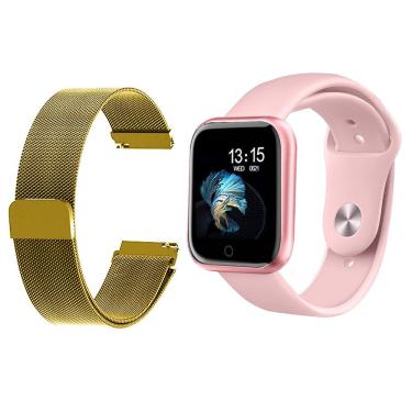 Imagem de Kit 1 Smartwatch T80 Novo P70 Rosa + 1 Pulseira Dourada