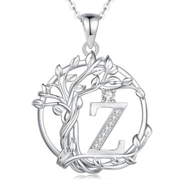 Imagem de FANCIME Colar feminino com inicial árvore da vida, joia de árvore de prata esterlina, pingente de letra de diamante simulado, zircônia cúbica, zircônia cúbica, presente de aniversário e dia das mães