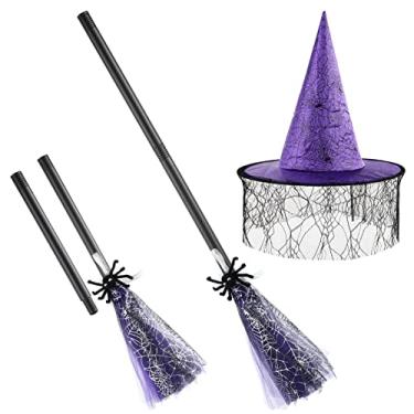 Imagem de Toyvian Conjunto Chapéu Vassoura Bruxa: Cosplay Chapéu Vassoura Bruxa Halloween - Gorro De Malha Roxa Não Tecida Acessórios De Decoração Para