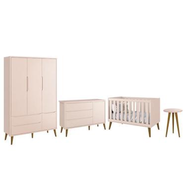 Imagem de Dormitório Infantil Theo Retrô 3 Portas, Cômoda 1 Porta, Berço e Mesa de Apoio com Pés Amadeirado - Reller Móveis Rosa Fosco
