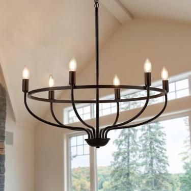 Imagem de Lustre De Roda De Carroça De Fazenda, 28in Preto E Dourado Lustre De Sala De Jantar Para Sala De Jantar Ilha De Cozinha Entrada Foyer, 28.35'' Black 9-light