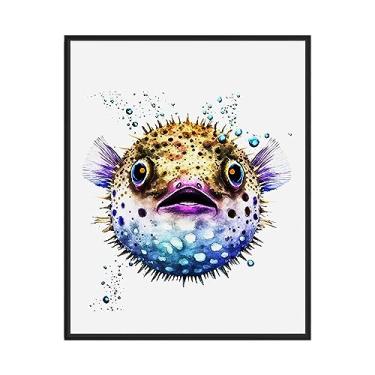 Imagem de Pôster impresso de arte de peixe puffer, impressões de arte de parede de animais em aquarela abstrata, arte da natureza da vida selvagem para sala de estar, quarto, decoração de banheiro 66 (baiacu