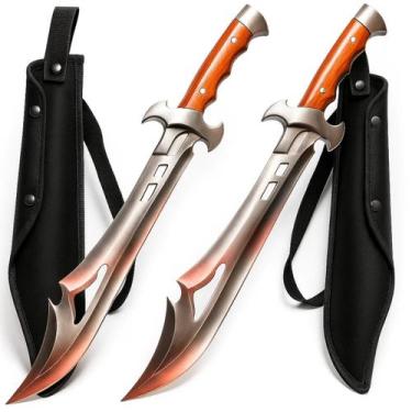 Imagem de Conjunto 2 Facoes Full Tang Aco Inox 34 cm Cabo Madeira Camping Pesca 