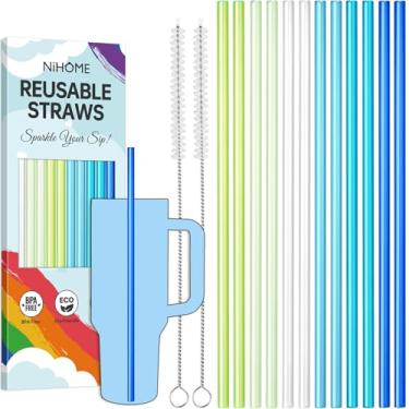 Imagem de NiHome Pacote com 12 canudos reutilizáveis de plástico para Stanley Copo reutilizável de 1,134 g 850 g 1,814 g, 6 canudos reutilizáveis de 12 cores, adequado para copos Stanley com 2 escovas, sem BPA