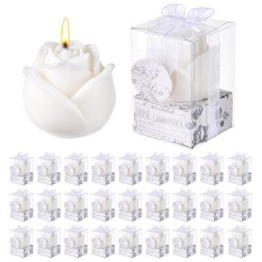 Imagem de Conjunto de 50 velas em formato de flor de rosa branca, lembrancinhas de festa de casamento românticas feitas à mão, velas delicadas com caixa de presente, vela de casamento para convidados