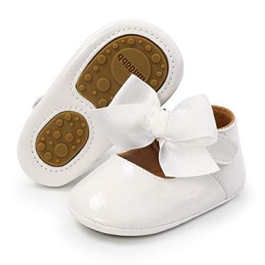 Imagem de LAFEGEN Sapatilhas Mary Jane para bebês meninas com laço, sola macia, antiderrapante, couro poliuretano, recém-nascidas, primeiros andadores, sapatos sociais, 10 Branco, 12-18 Months Toddler