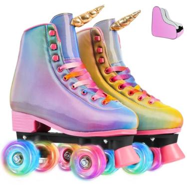 Imagem de LEVYTEMP Patins para mulheres, homens, rodas iluminadas, patins de duas fileiras de couro PU de cano alto, designs clássicos, sapatos de skate gradiente com chifre para meninas iniciantes com uma