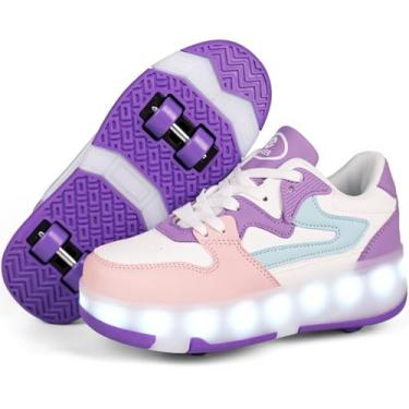 Imagem de Ufatansy Tênis de patins para crianças, meninas, meninos, 4 rodas destacáveis, tênis esportivos, 16 modos, luzes de LED coloridas, recarregáveis, modernos, sapatos, presentes, 987-roxo-4 rodas, 18