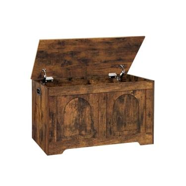 Imagem de DINZI LVJ Baú de armazenamento, caixa de armazenamento de madeira de 80 cm com 2 dobradiças de segurança, banco de entrada para sapatos com flip-top, porta-malas resistente para sala de estar, quarto