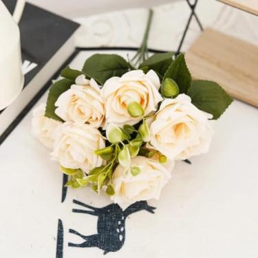 Imagem de Buquê de rosas de outono, guirlanda de flores artificiais para casamento, decoração de Natal para casa, vaso de flores artificiais para sala de estar, acessórios para festa e jardim (branco)