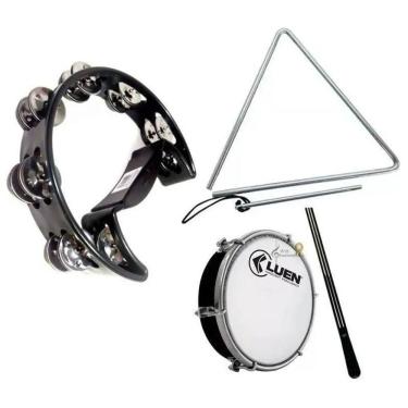 Imagem de Kit Pandeiro Meia Lua Preta + Tamborim + Triângulo + Baqueta
