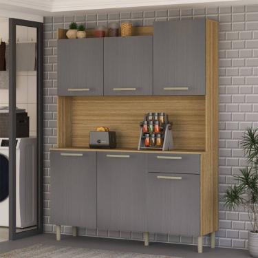 Imagem de Armário de Cozinha com Balcão Cataguera 6 Portas 1 Gaveta Freijó/Gris - Panorama Móveis