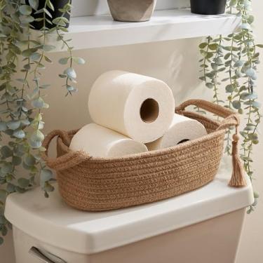 Imagem de Cesta decorativa de papel higiênico – Lindo organizador de banheiro para decoração de tanque de vaso sanitário – Cesto de corda de algodão de juta Boho com borla para acessórios de banheiro e como