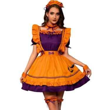Imagem de ShawGobow Fantasia de empregada francesa, vestido de abóbora de Halloween com laço de morcego, 8 peças de cosplay sexy para mulheres, laranja, 2GG