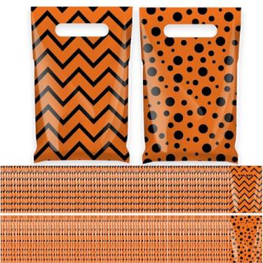 Imagem de Affrolling 100 peças de sacolas de presente de plástico laranja preto com alça reutilizável pequeno lanche saco de doces para suprimentos de festa 24 x 16 cm (ponto e onda)