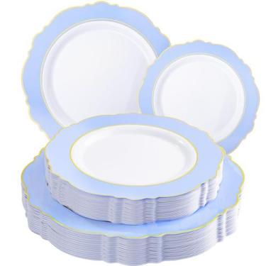Imagem de Pratos descartáveis WDF Baroque Baby Blue com borda dourada 60 unidade