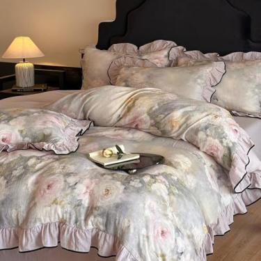 Imagem de mixinni Conjunto de capa de edredom estilo princesa vintage tamanho casal - Conjunto de cama floral de gaze enrugada 100% algodão com renda com babados, estética cottagecore romântica, capa de edredom