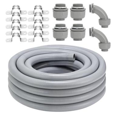 Imagem de Kit de conector de conduíte resistente a líquido, kit de conduíte elétrico flexível não metálico, tubo de conduíte elétrico externo à prova d'água, acessórios retos/angulares, grampos (3,5 x 15,2 m)