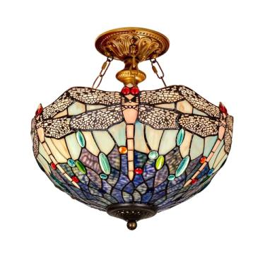 Imagem de GILGGAK Luminária de teto Tiffany luminária de teto azul roxo vitral libélula semiprila lâmpada de montagem embutida 16 polegadas altura 38 centímetros lâmpada de teto Tiffany (libélula roxa azul)